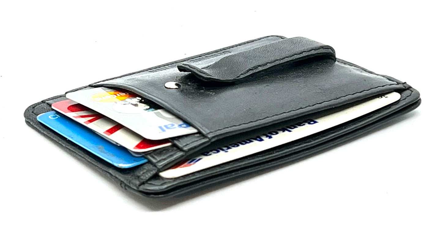 RFID Blocking Black Genuine Leather Men's Money Clip Credit Card ID Wallet