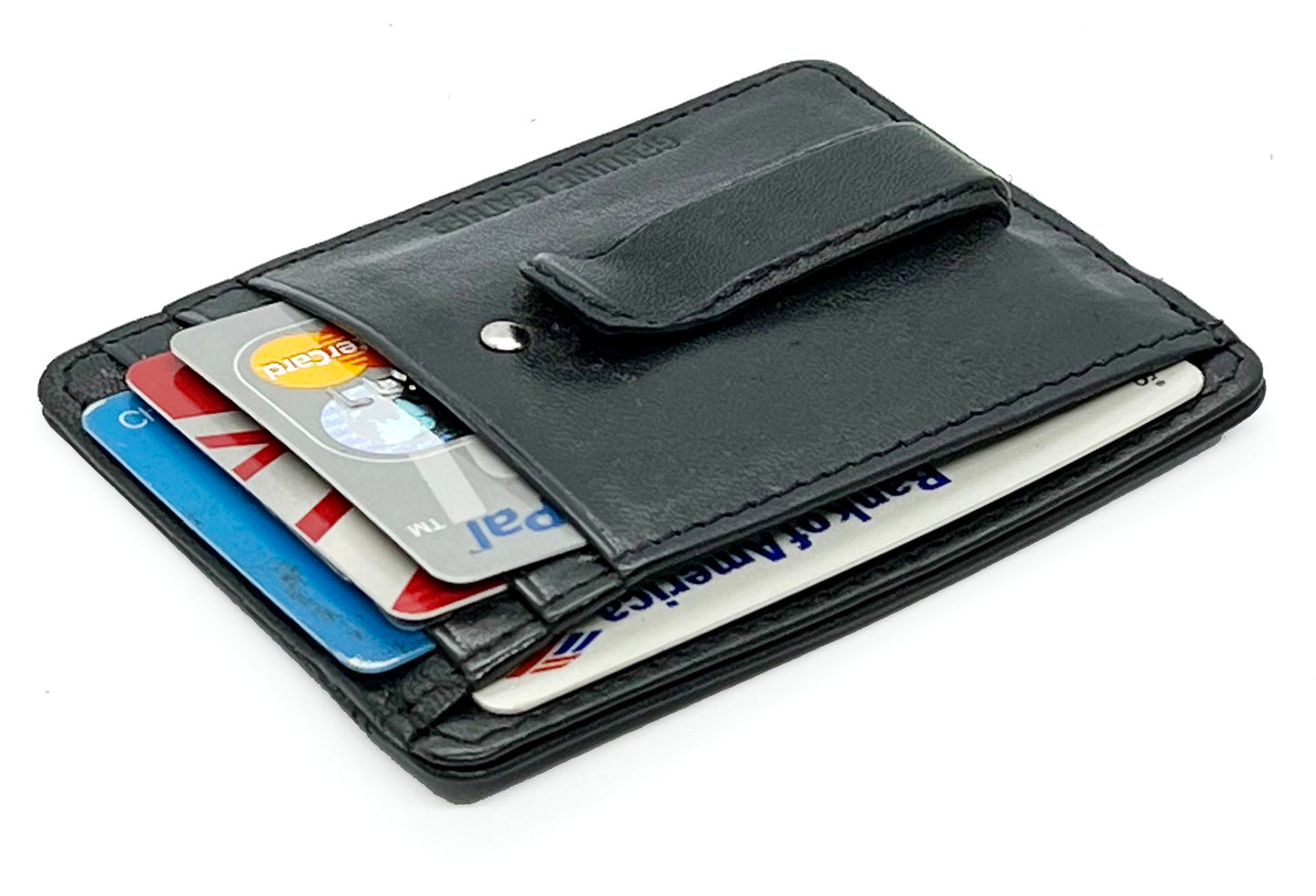 RFID Blocking Black Genuine Leather Men's Money Clip Credit Card ID Wallet