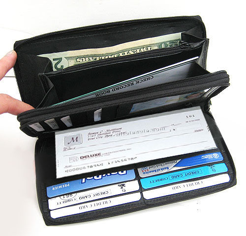 Black Genuine Leather Credit Card Checkbook Organizer Women's Clutch Wallet Zip