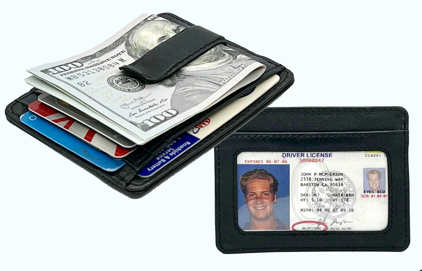 RFID Blocking Black Genuine Leather Men's Money Clip Credit Card ID Wallet