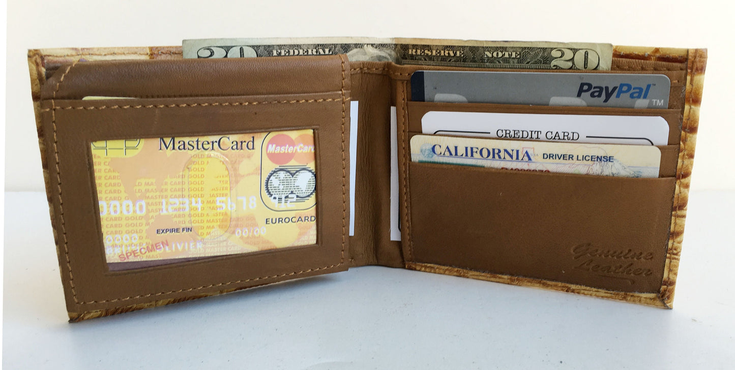 Genuine Cowhide Leather Croc Print Men's Flap Top Card Bifold Wallets Cowboy Western Style