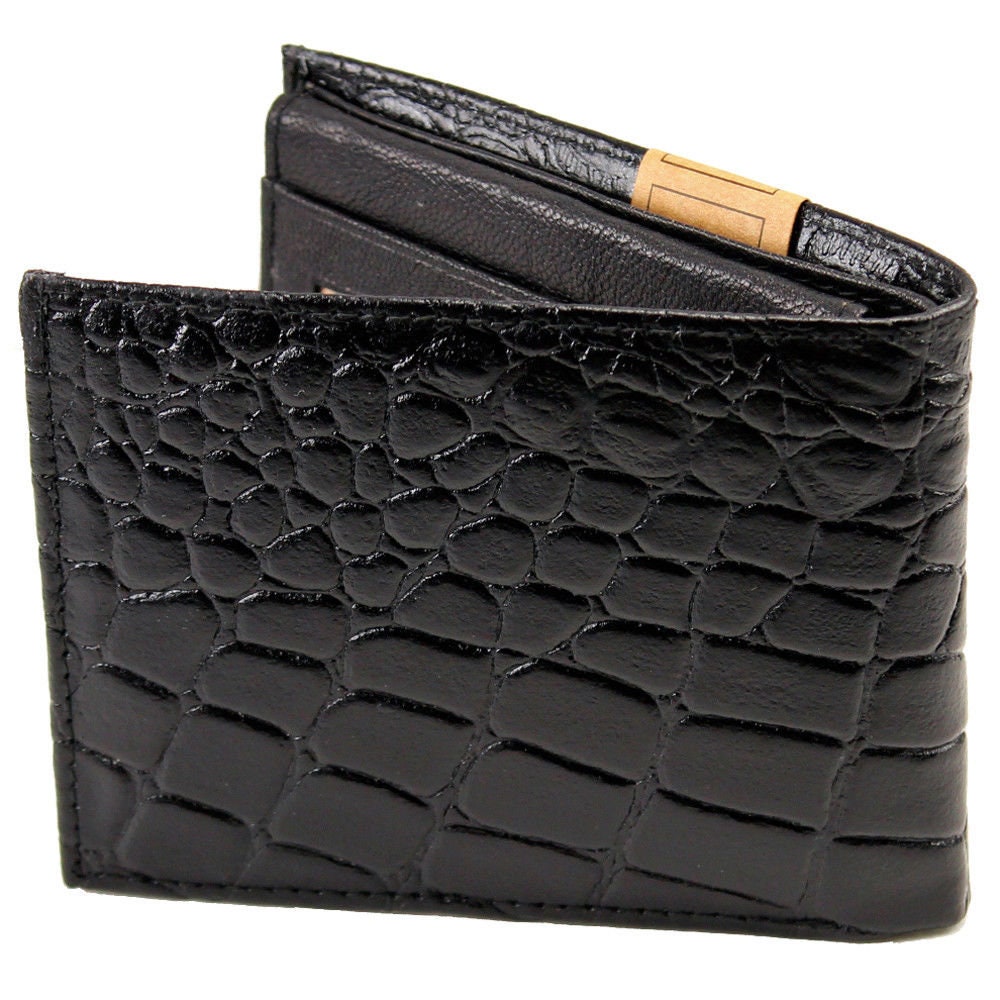Genuine Cowhide Leather Croc Print Men's Flap Top Card Bifold Wallets Cowboy Western Style