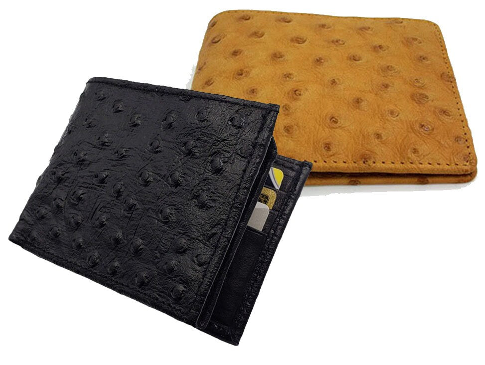 Genuine Cowhide Leather Ostrich Print Men's Bifold  Flap Top Wallets Cowboy Western Style