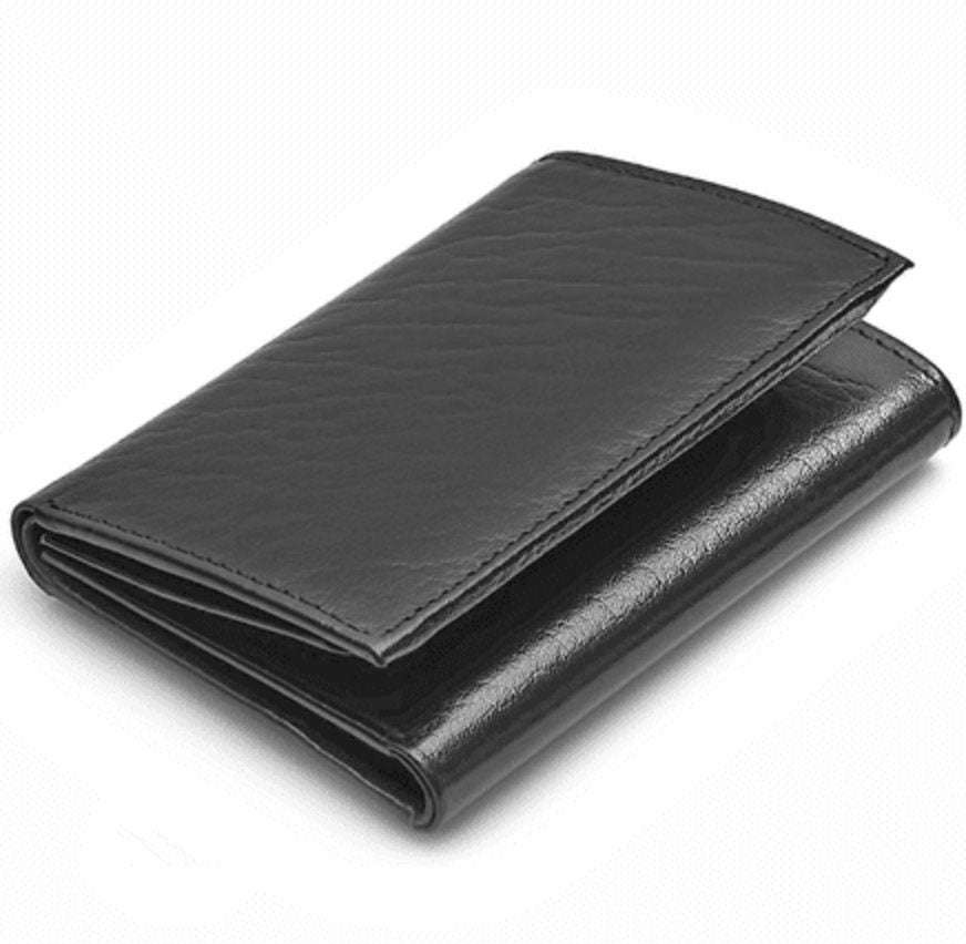 RFID Blocking Black Leather Trifold Wallet With Flip Up ID Holder