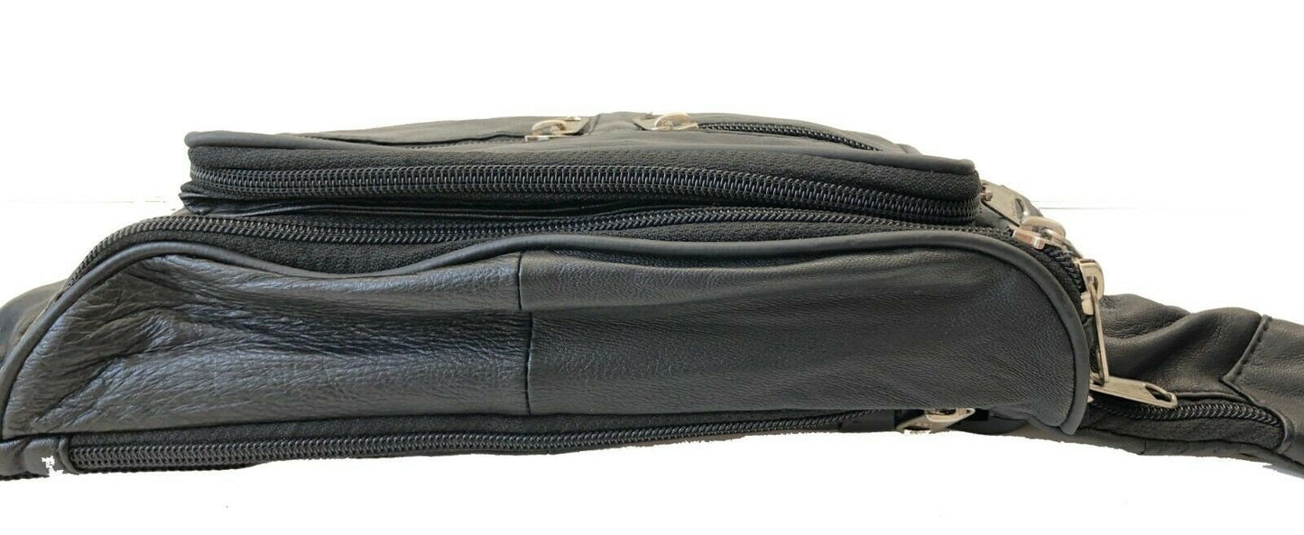 Black Leather Sport Fanny Pack Travel Waist Hip Jogging Zip Hip Bag Unisex