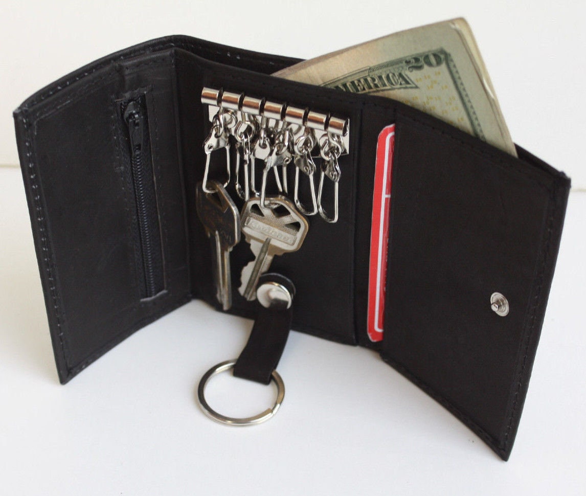 Genuine Cowhide Leather Men's Keychain Case Key Ring Card Holder Wallet