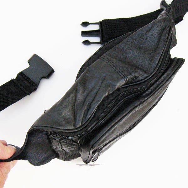 Black Leather Sport Fanny Pack Travel Waist Hip Jogging Zip Hip Bag Unisex
