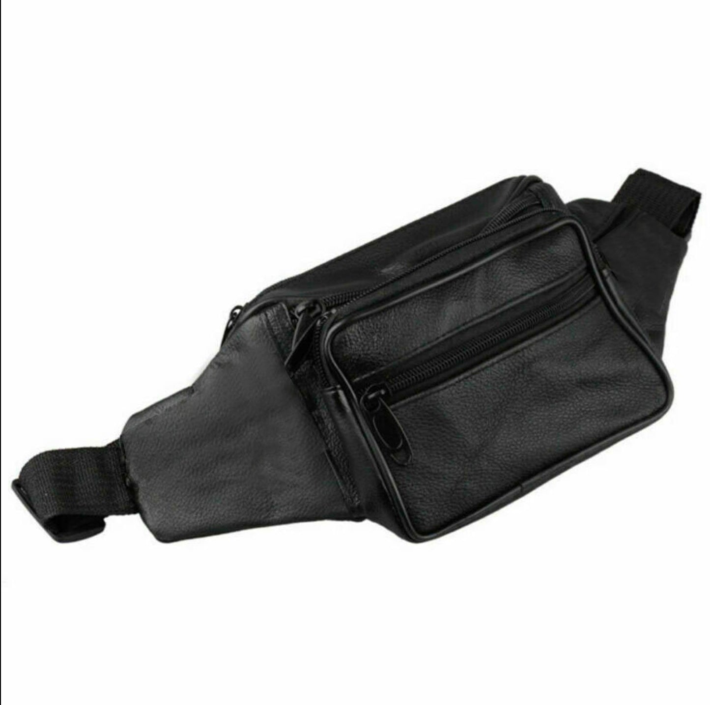 Black Leather Sport Fanny Pack Travel Waist Hip Jogging Zip Hip Bag Unisex