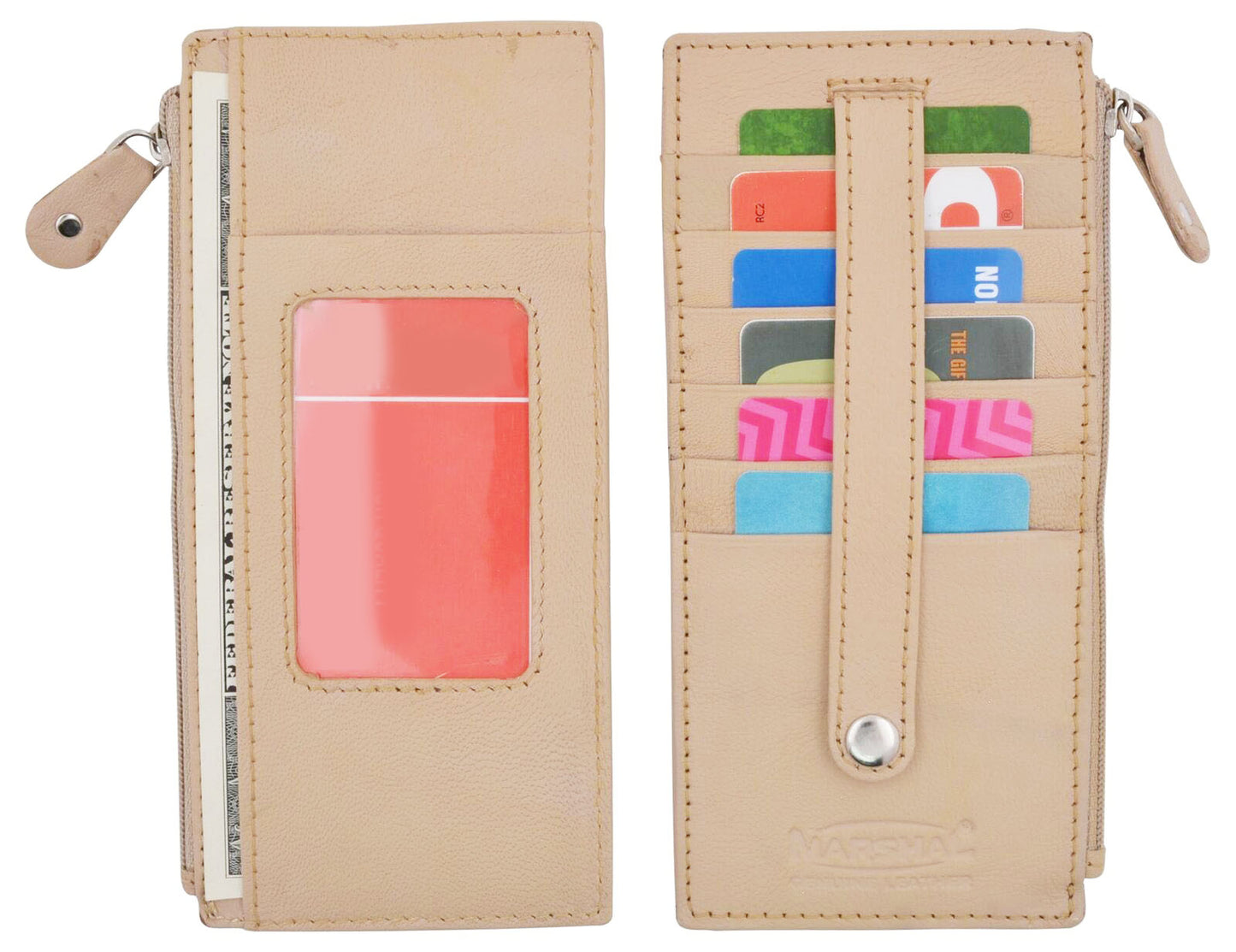 RFID Blocking Leather Women's Stacker Wallet Card Case ID Window Zip Pocket
